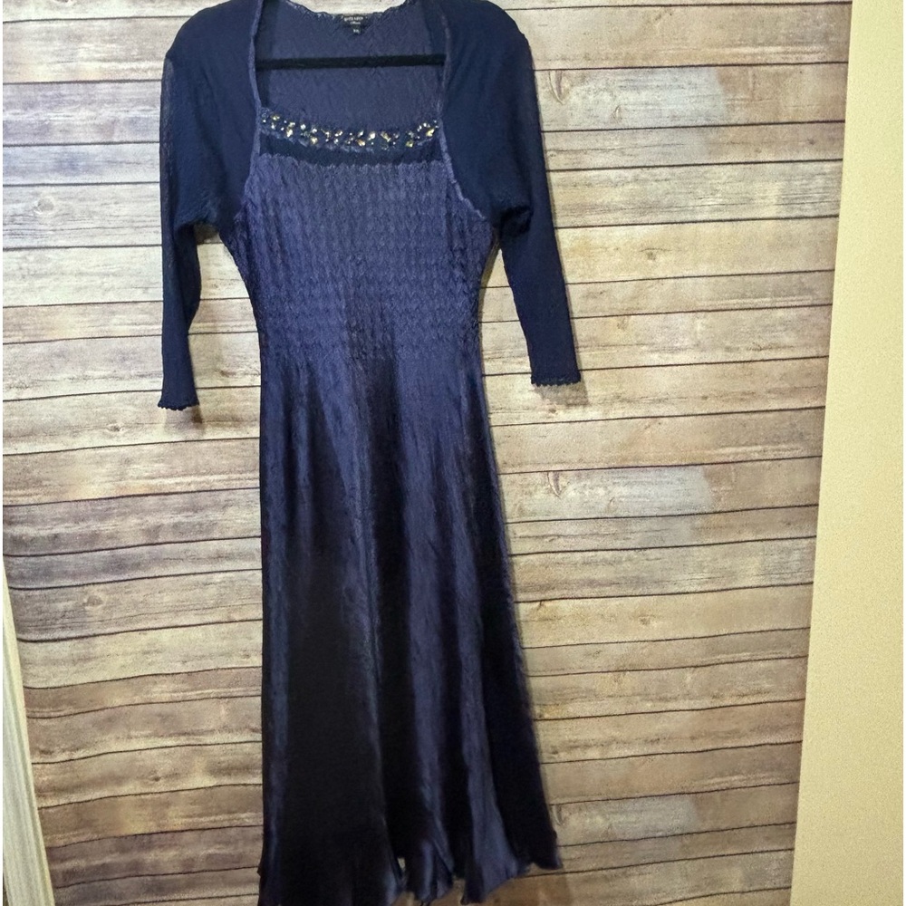 Komorov Crinkle Chiffon Navy Blue Midi Dress Embellished Large Petite